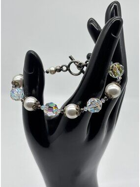 Artisan Made Bracelet With Faceted AB Crystals Faux Pearls Sterling Toggle Clasp